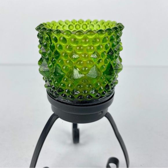 Pair Vintage Green Glass/Black Metal Pedestal Votive Candle Holders, Unused - Picture 4 of 7